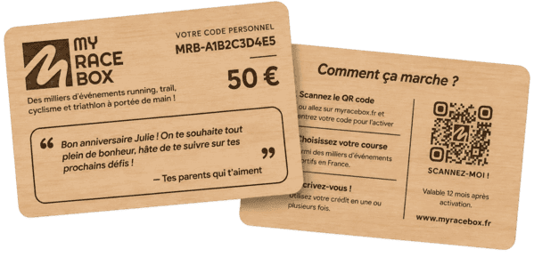 Carte cadeau MyRaceBox recto verso, avec son QR code et le mode d'emploi